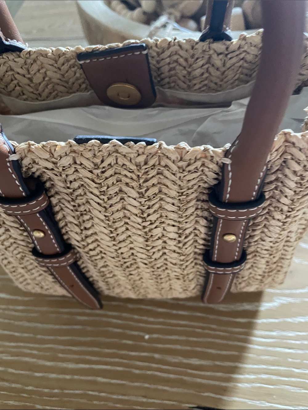 Zara Crossbody Woven Straw Tote Bag with Brown Faux Leather Handles NWT - Picture 7 of 7